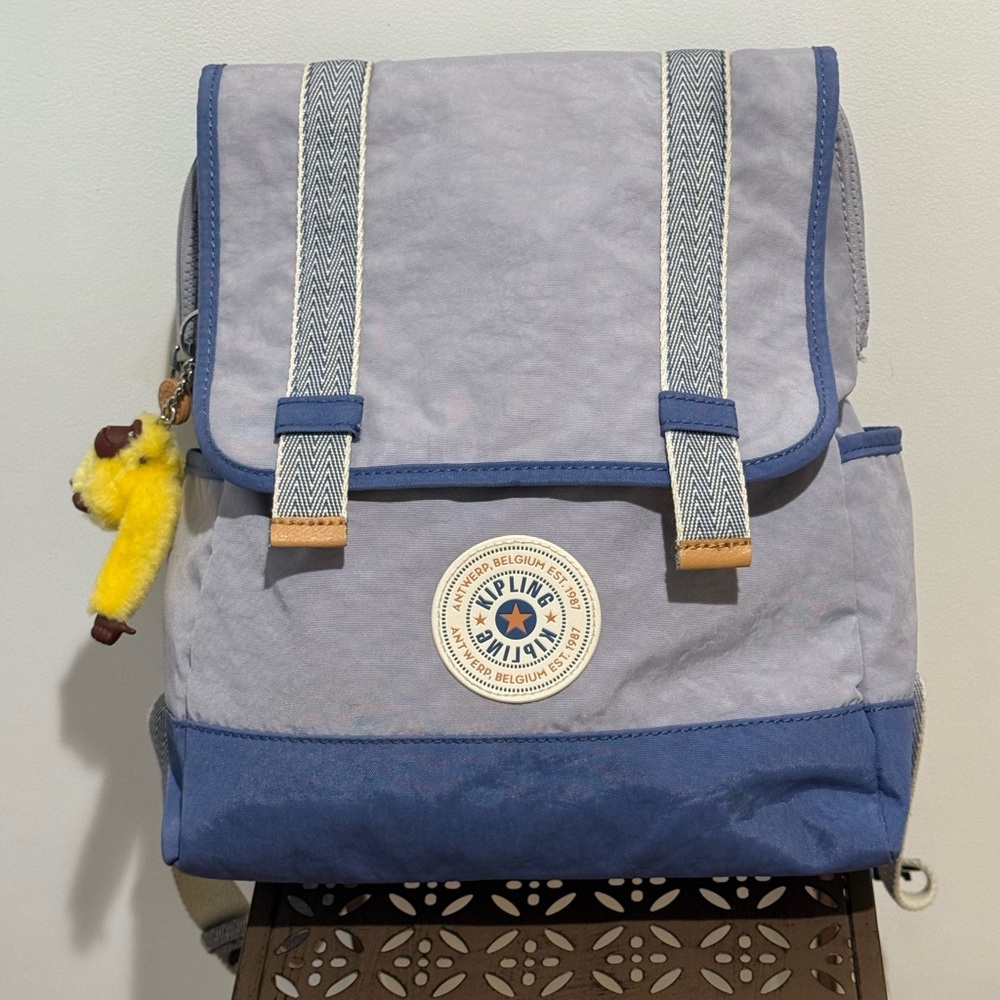 Kipling Two-Tone Blue Backpack with Yellow Charm
